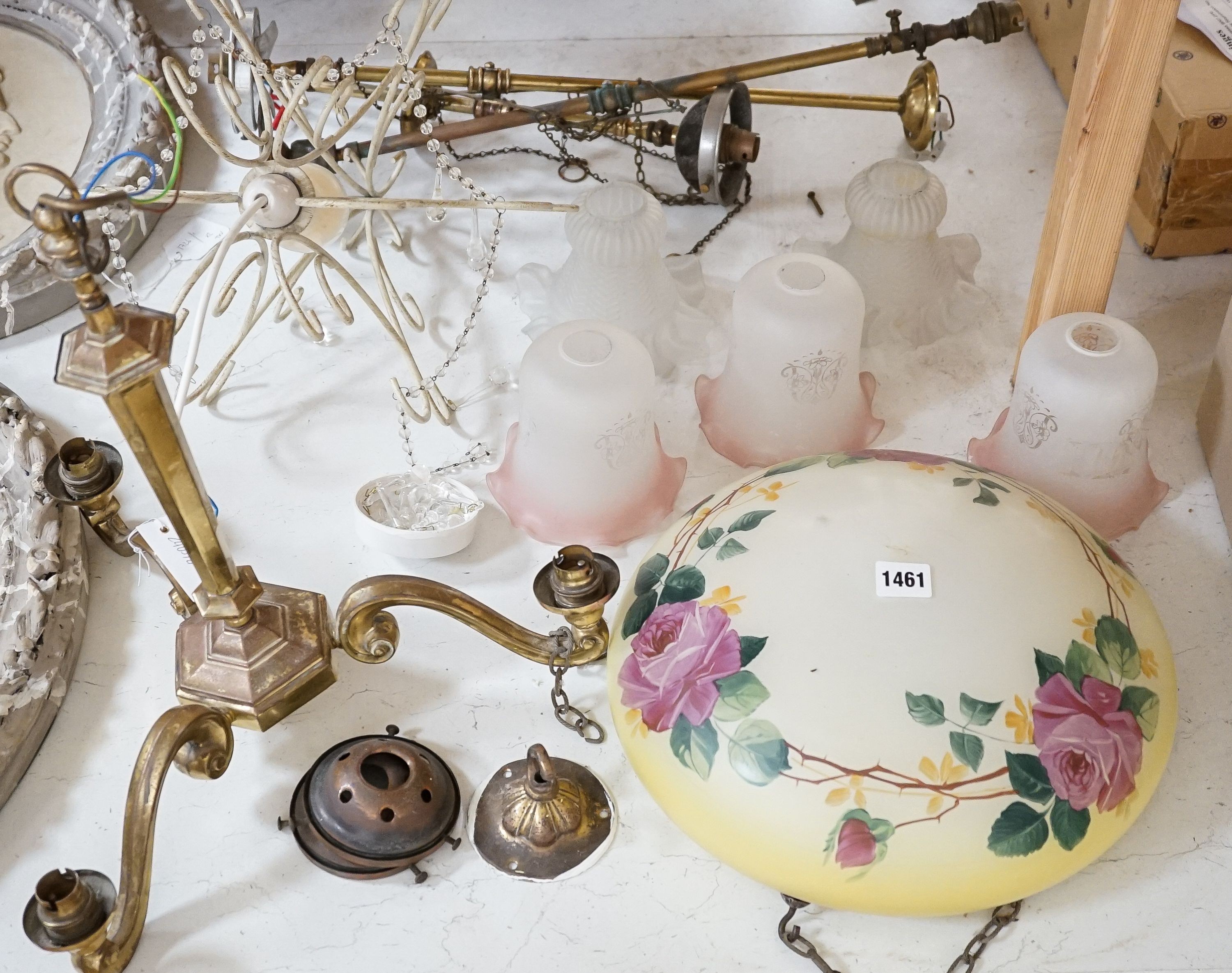 A glass rose decorated plaffonier and various central light fittings